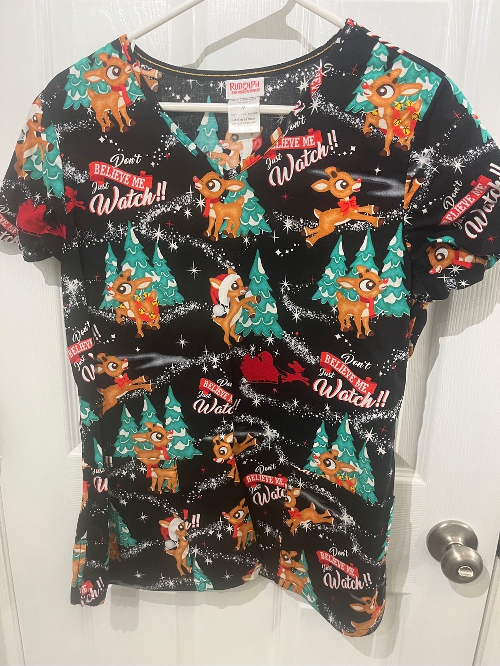 Rudolph Christmas Reindeer Print Scrub Top - Black/Teal/Red